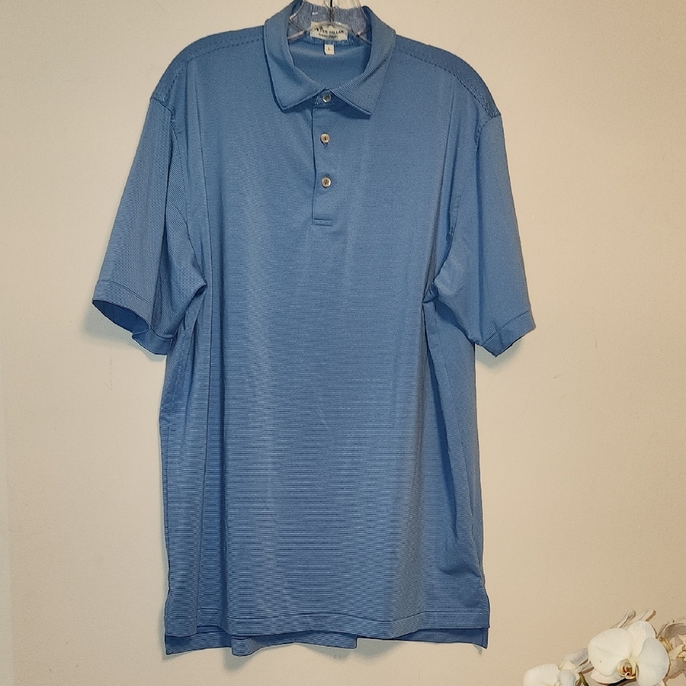 Peter Millar Summer Comfort Blue Striped Sport Golf Polo Shirt Size L